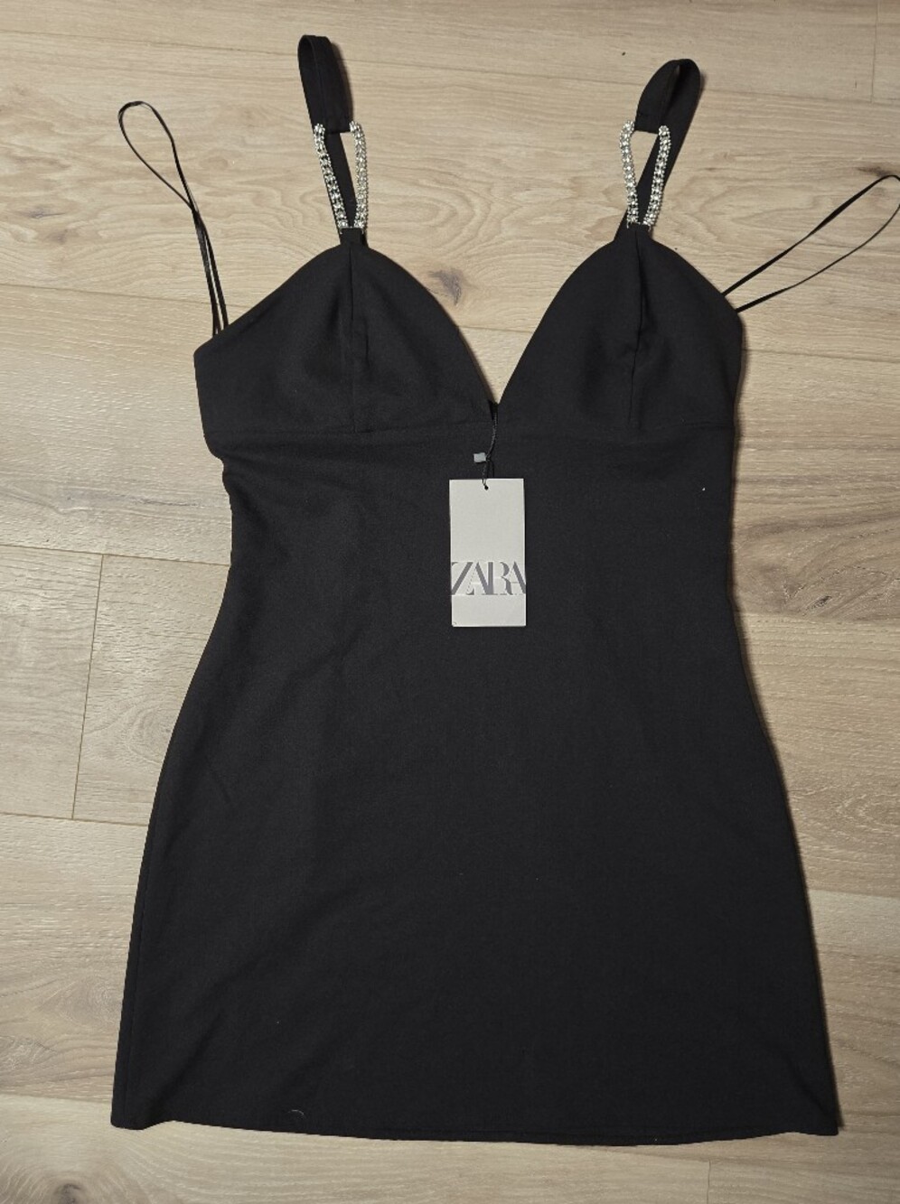 ZARA Black Mini Dress with Rhinestone Straps - Size L